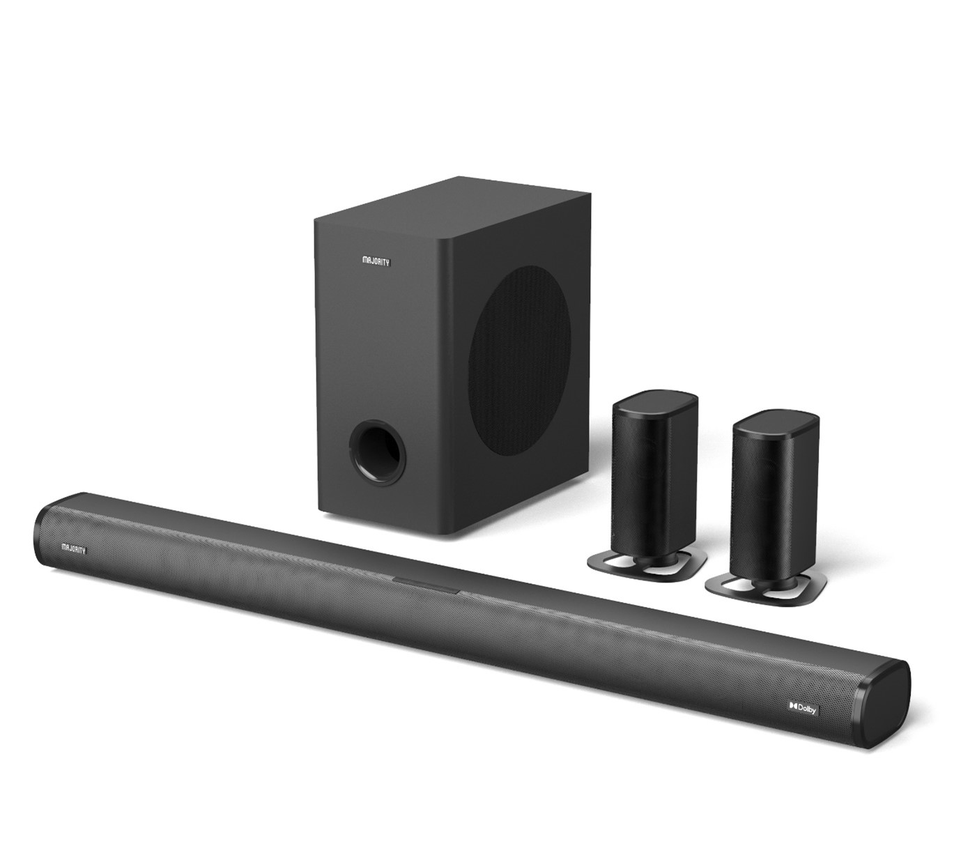 Rechargeable Detachable Satellite Speakers Multi-Connection including HDMI ARC & Bluetooth MAJORITY Everest 5.1 Dolby Audio Surround Sound System with Soundbar 300 WATT with Wireless Subwoofer 
